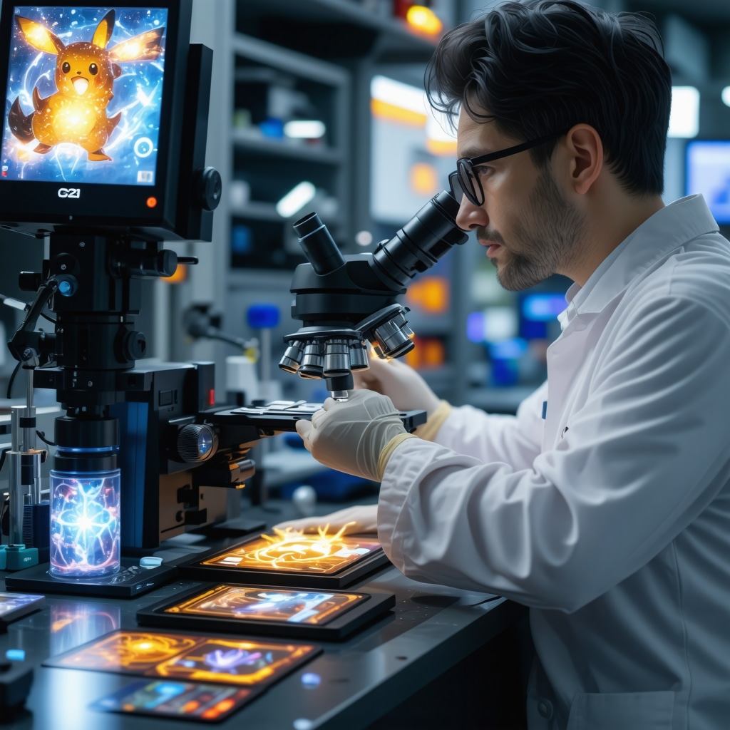 Experts using AI microscopes and blockchain technology to authenticate and grade Japanese Pokémon cards in a high-tech lab