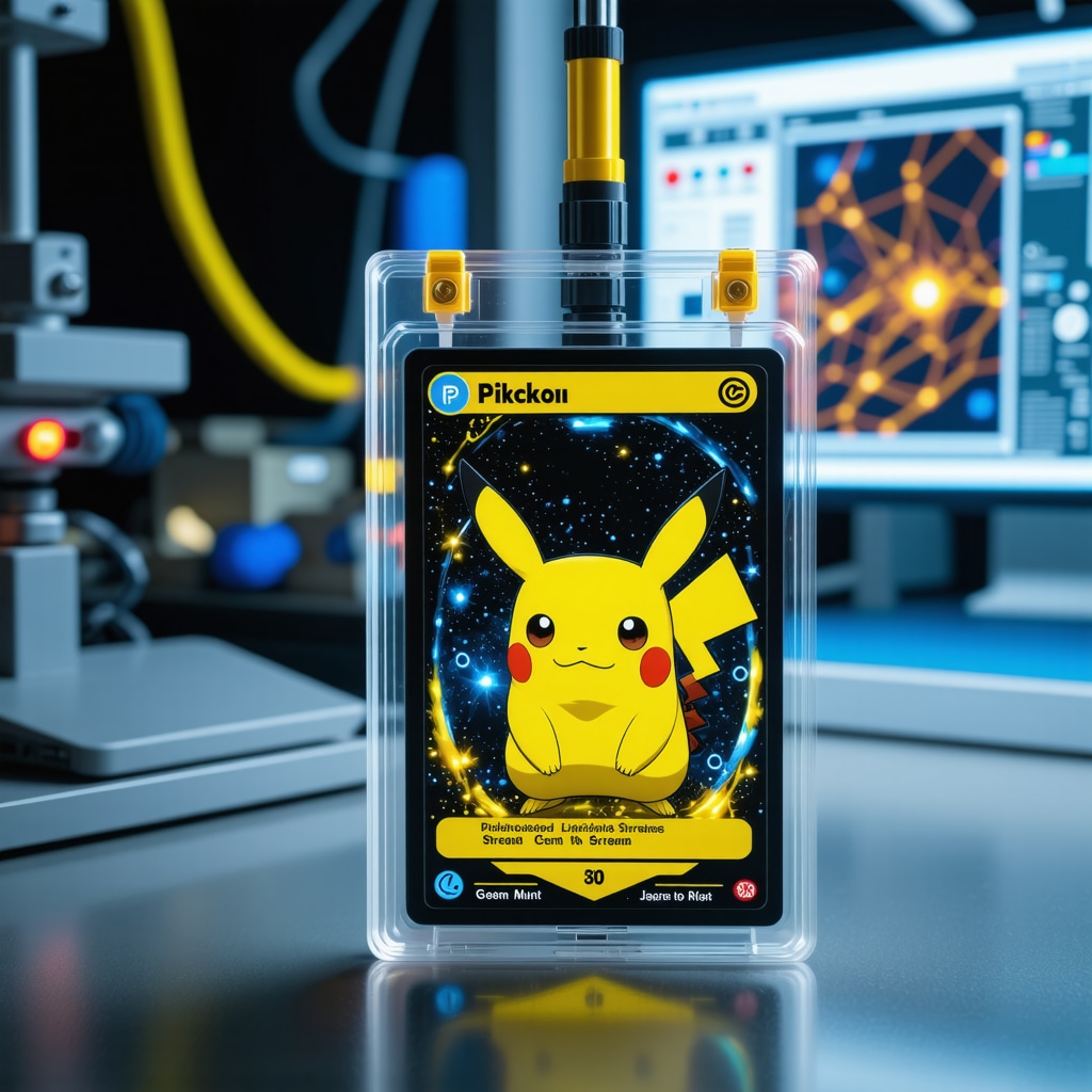 Spectral imaging device scanning a CGC Gem Mint 10 Japanese Pikachu card with blockchain and AI data visualizations