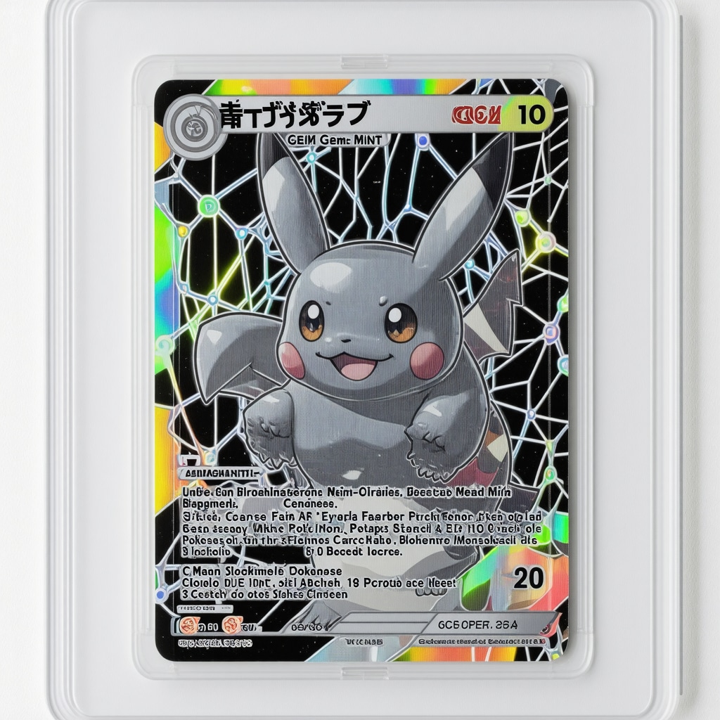 Close-up of a CGC Gem Mint 10 Japanese Pokémon card showing spectral imaging and blockchain authentication visuals