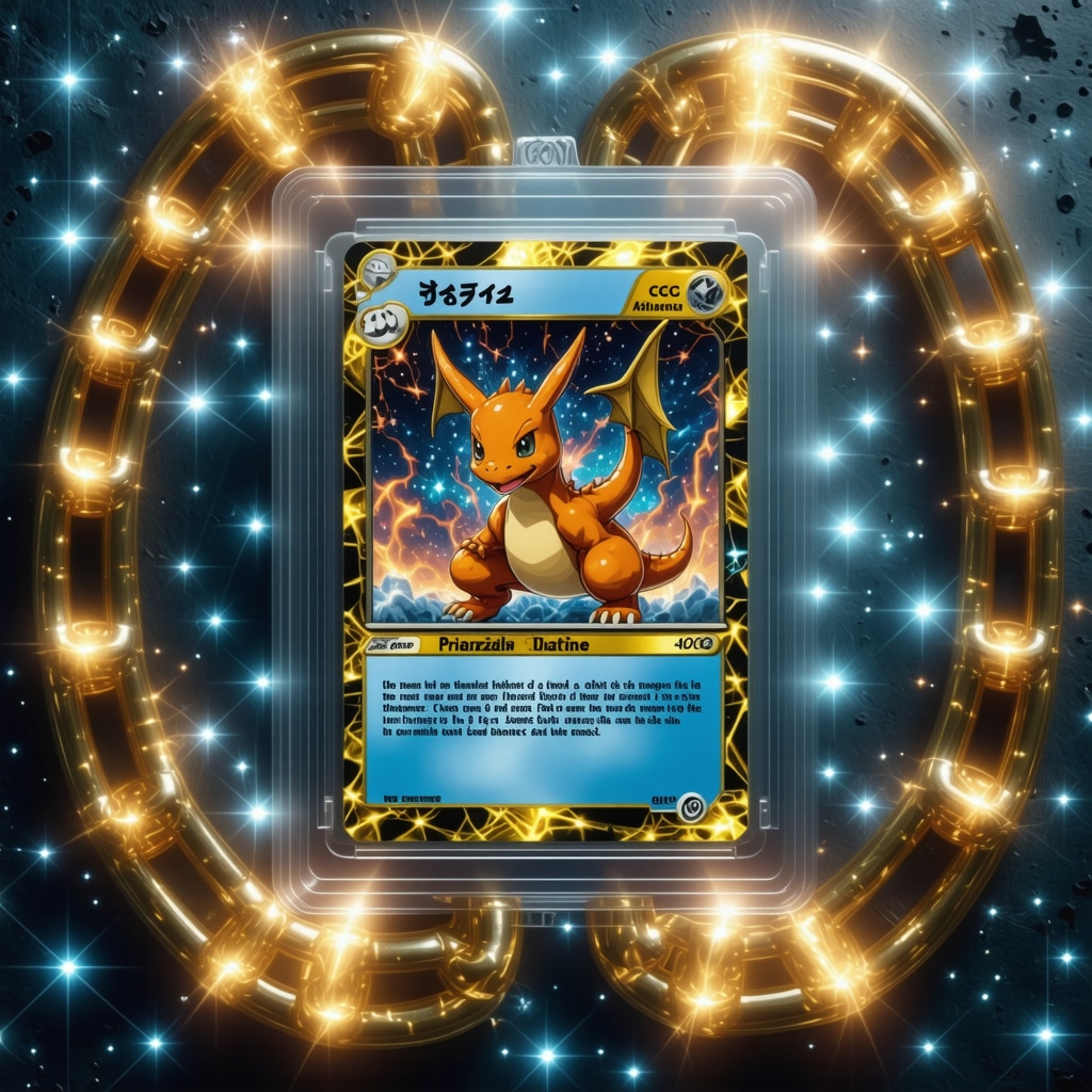 CGC Pristine 10 Japanese Charizard card with blockchain and micro-condition analysis visualizations