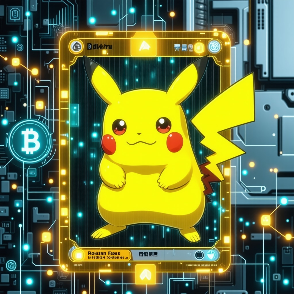 Digital illustration showing multispectral imaging and AI analysis of a Japanese Pokémon card with blockchain provenance icons