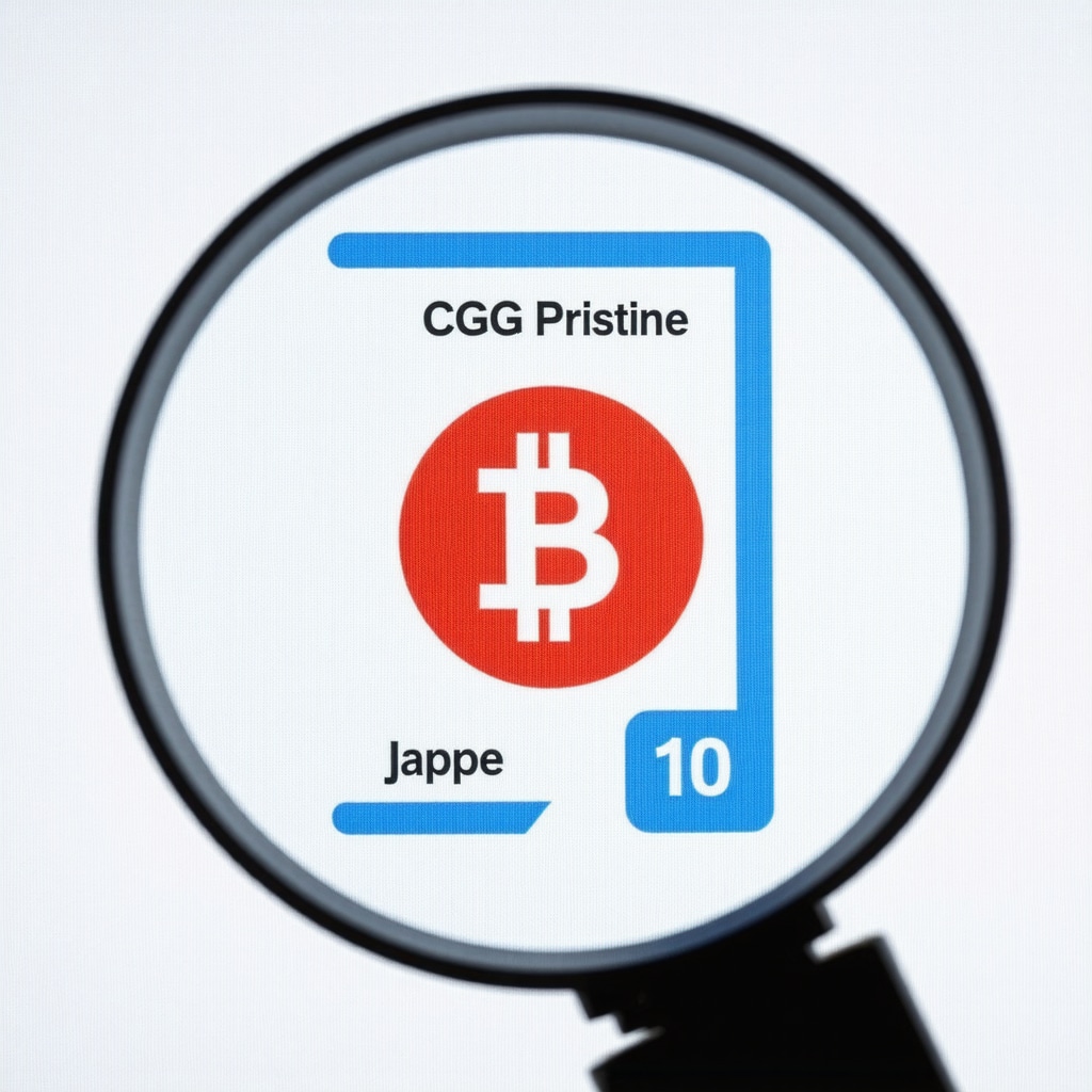 Magnified Japanese promo card under spectral analysis with blockchain and AI icons