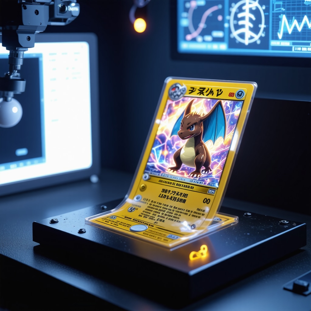 CGC Pristine 10 Japanese Charizard card undergoing advanced optical and blockchain verification analysis in a high-tech lab