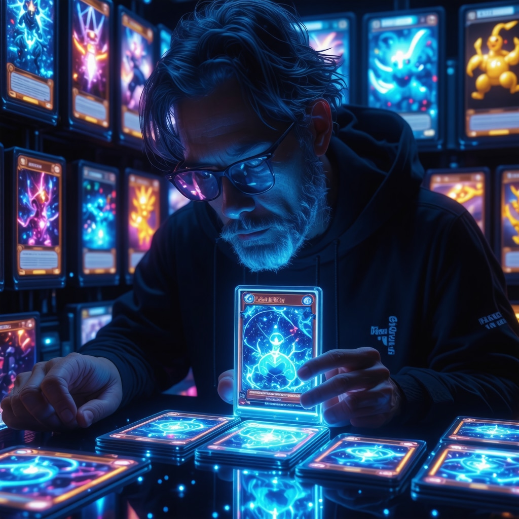 Collector inspecting CGC 10 Japanese promo Pokémon card under UV light with blockchain provenance digital graphics