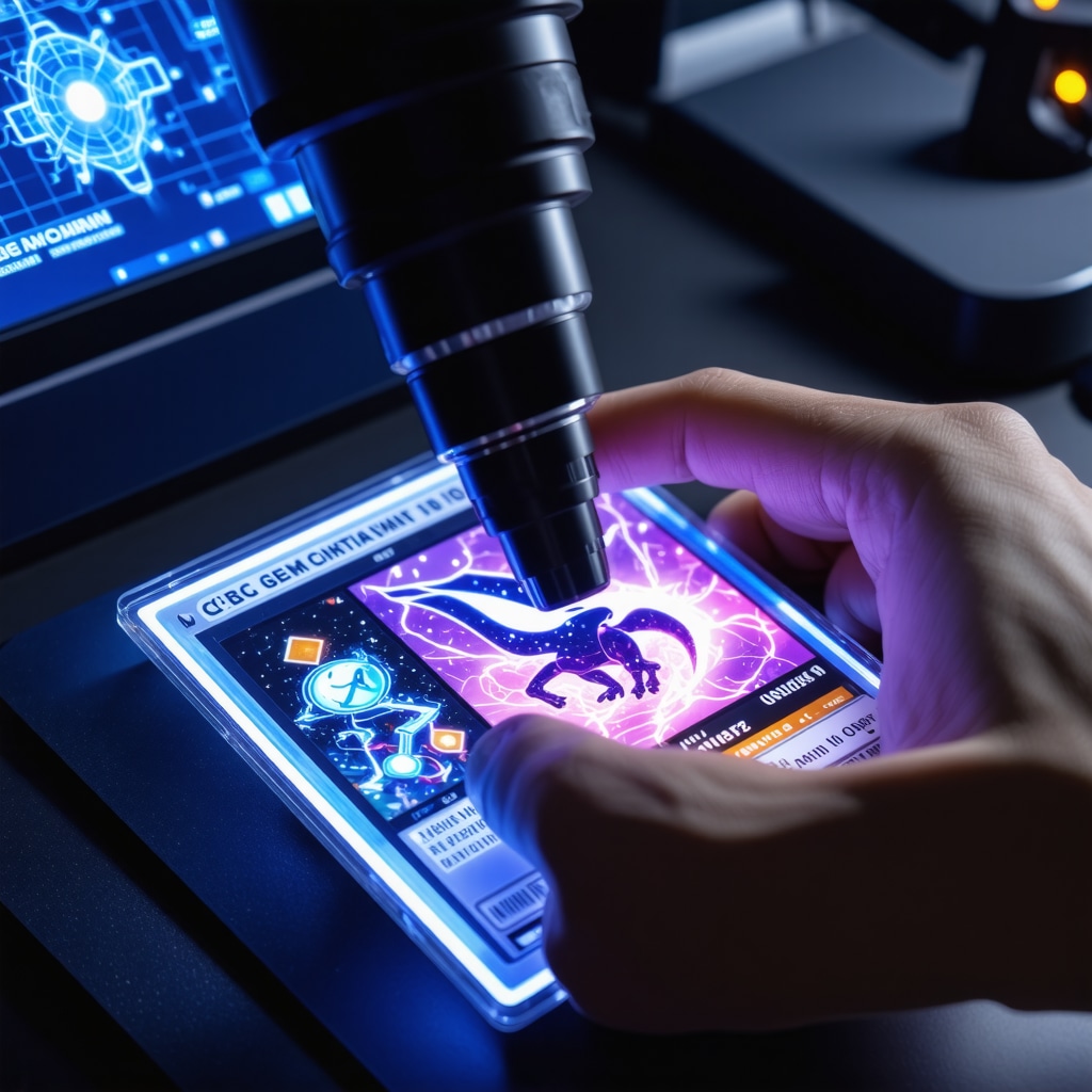 Collector authenticating CGC Gem Mint 10 Japanese Charizard card using digital microscope and UV light with blockchain graphics