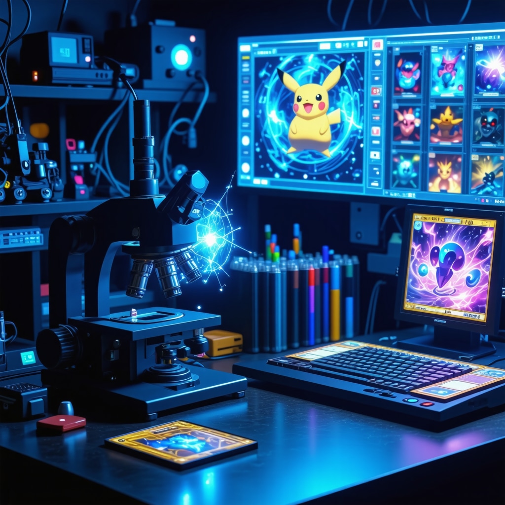 Collector's workspace with microscope, blockchain ledger, and climate-controlled storage for Pokémon cards