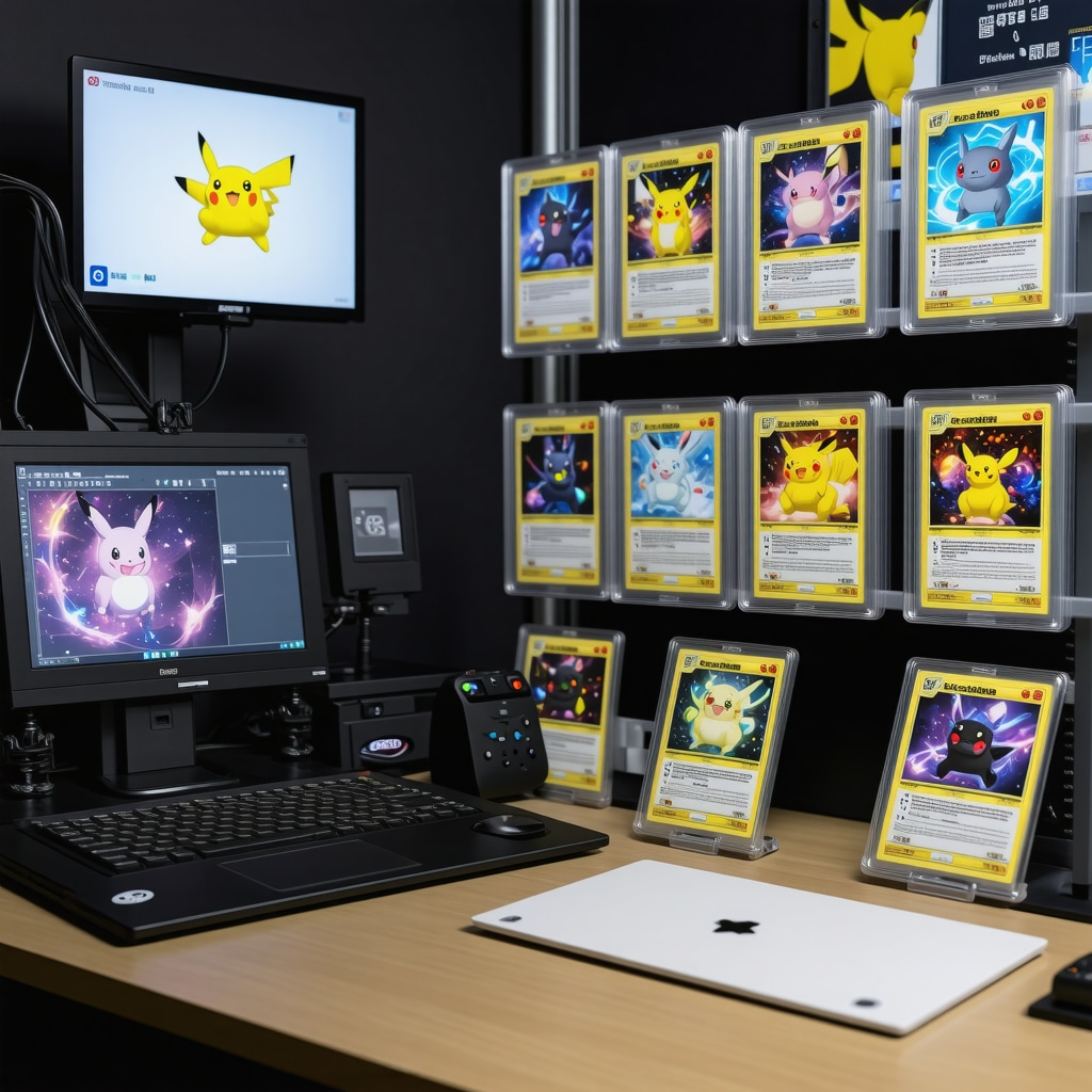 Workspace showing spectral imaging device and blockchain interface for authenticating pristine Japanese Pokémon Trainer cards