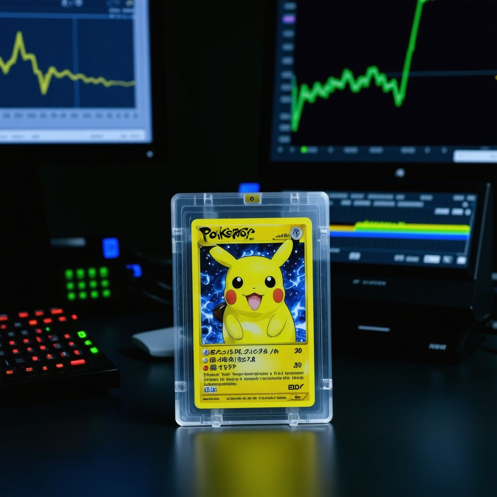 CGC 10 Japanese vintage holo Pokémon card under UV light with spectral analysis and blockchain digital interface in collector's workspace