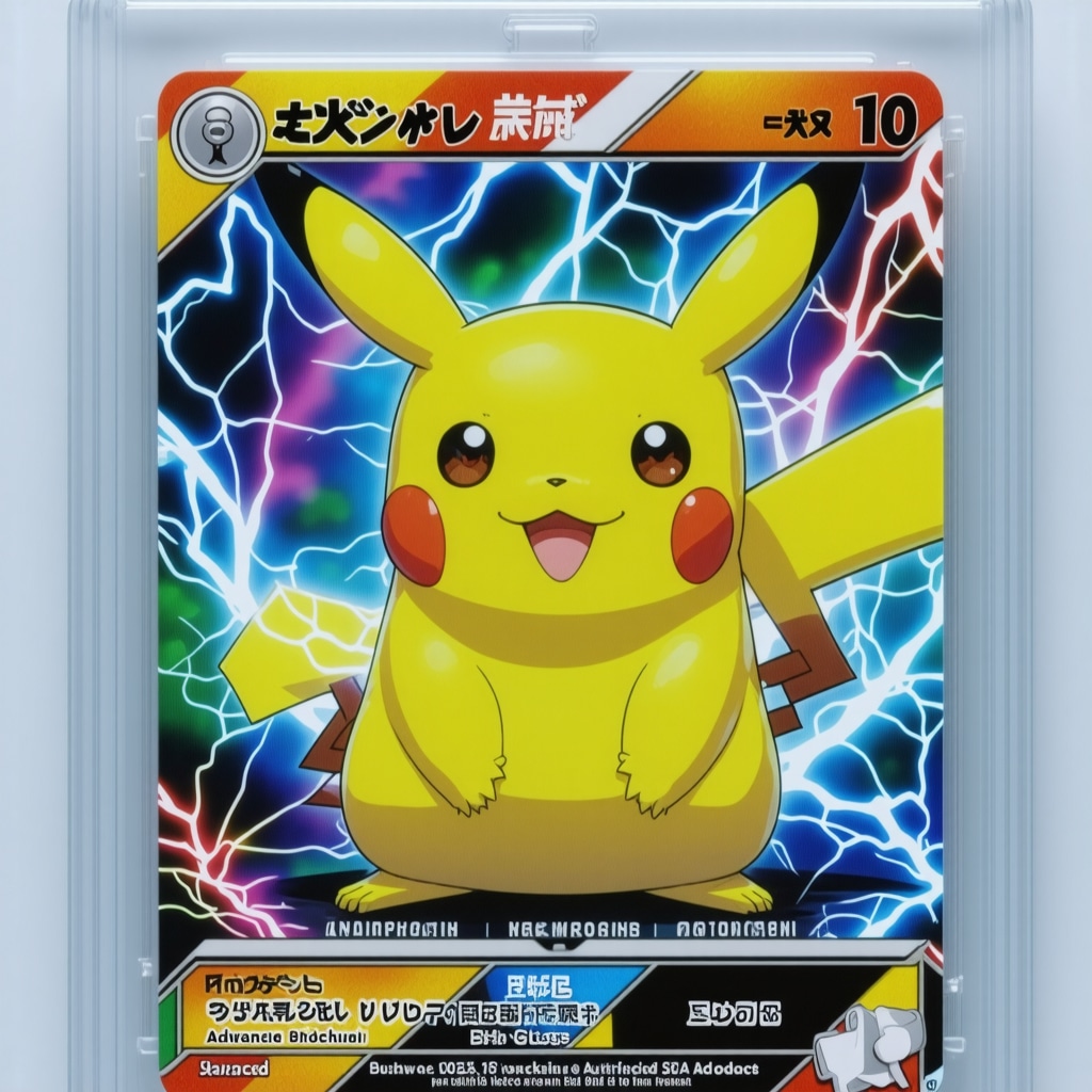 Close-up of CGC 10 Japanese Pokémon promo card under UV light with digital authentication symbols