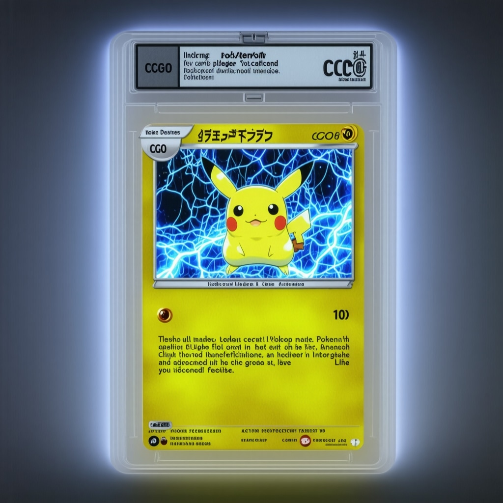 Close-up image showing CGC 10 Japanese Pokémon card under UV light with forensic and blockchain authentication symbols