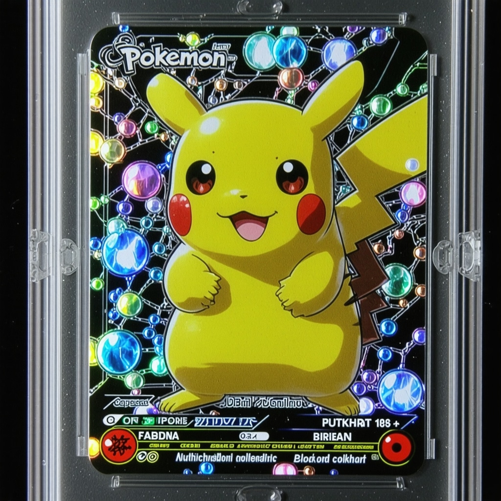 Close-up of CGC 10 Japanese Pokémon promo card with holographic foil and blockchain authentication symbols