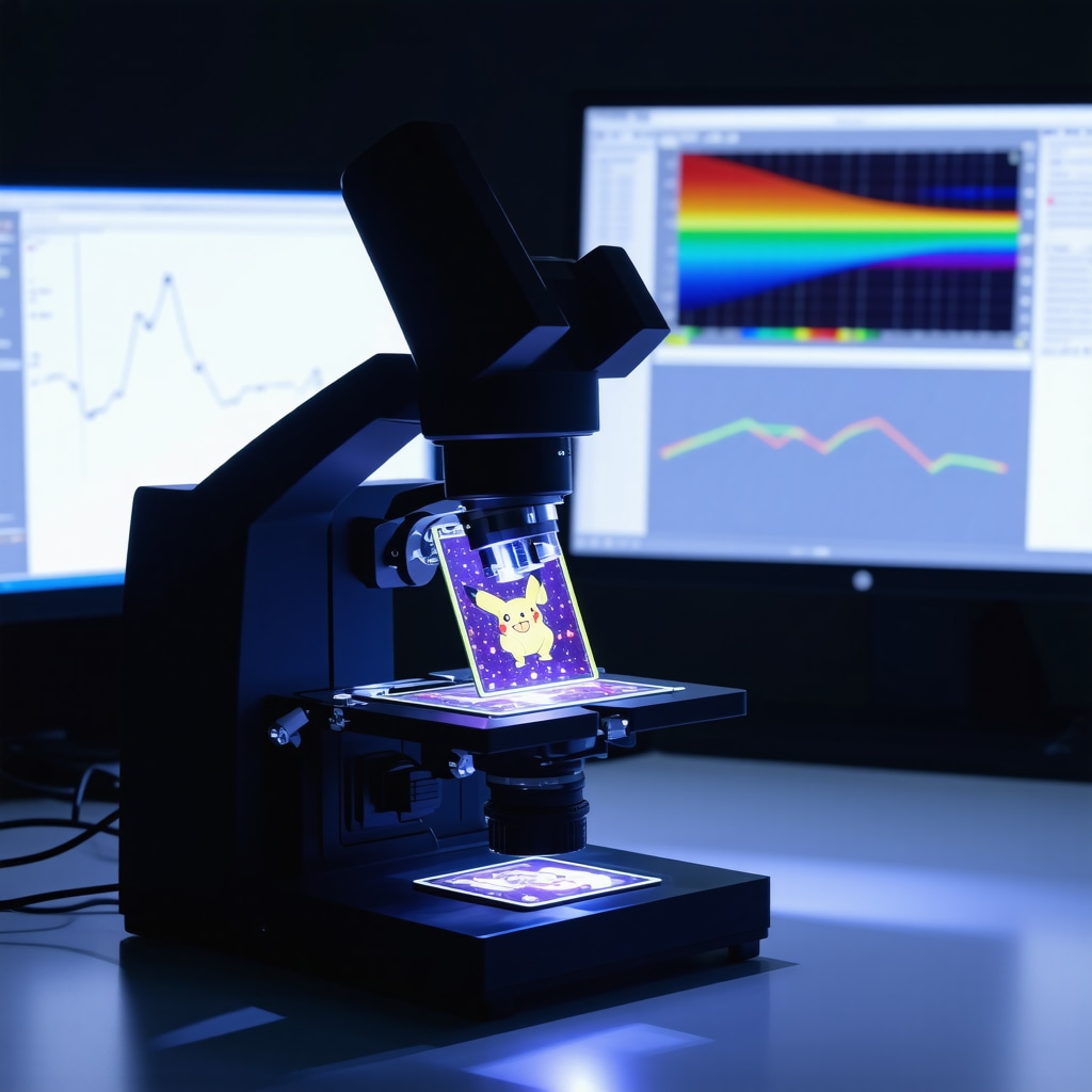 Digital microscope examining CGC 10 Japanese promo Pokémon card under UV light with spectral graphs on monitors