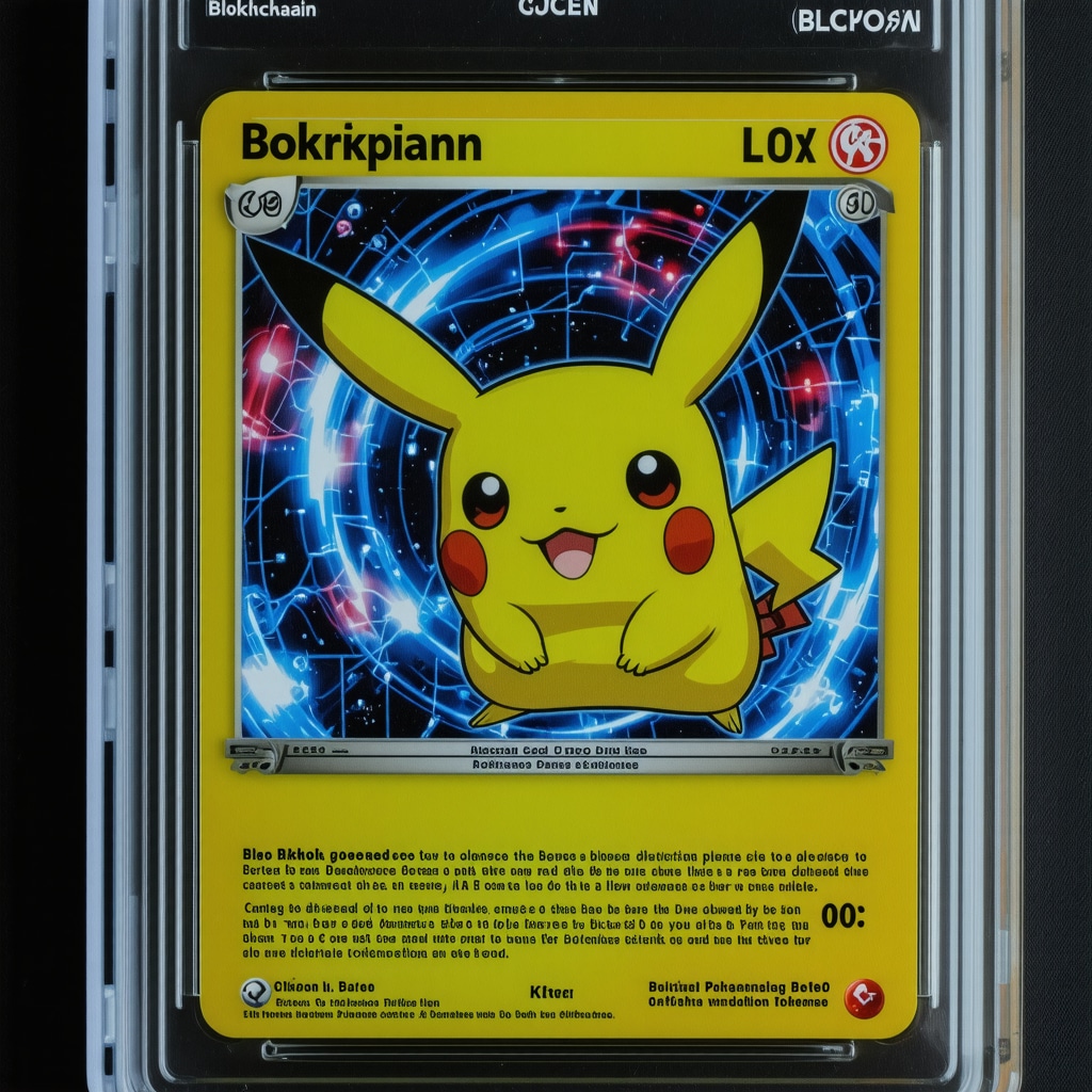 Close-up of CGC 10 Japanese Pokémon promo card under UV light with blockchain and AI technology icons overlay