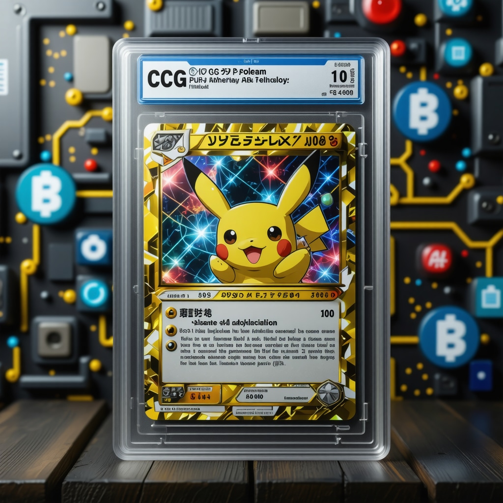 Close-up of a CGC 10 Japanese vintage holographic Pokémon card with digital icons representing blockchain and AI authentication