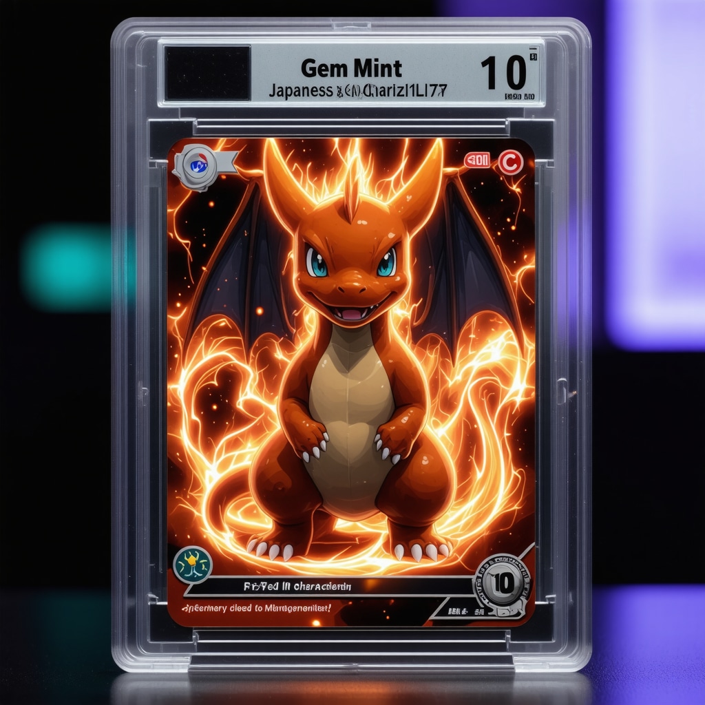 Close-up of CGC Gem Mint 10 Japanese Charizard card under UV light with forensic authentication tools