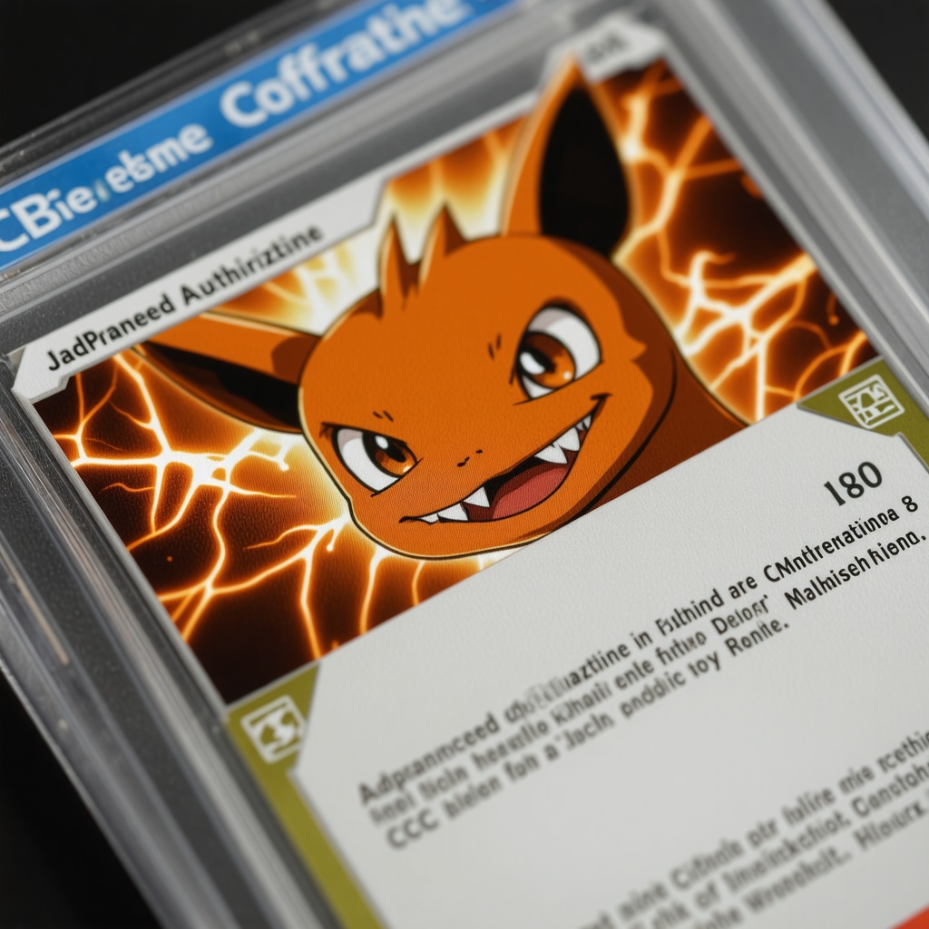 Close-up of CGC Pristine 10 Japanese Charizard card under digital microscope with blockchain and data overlays