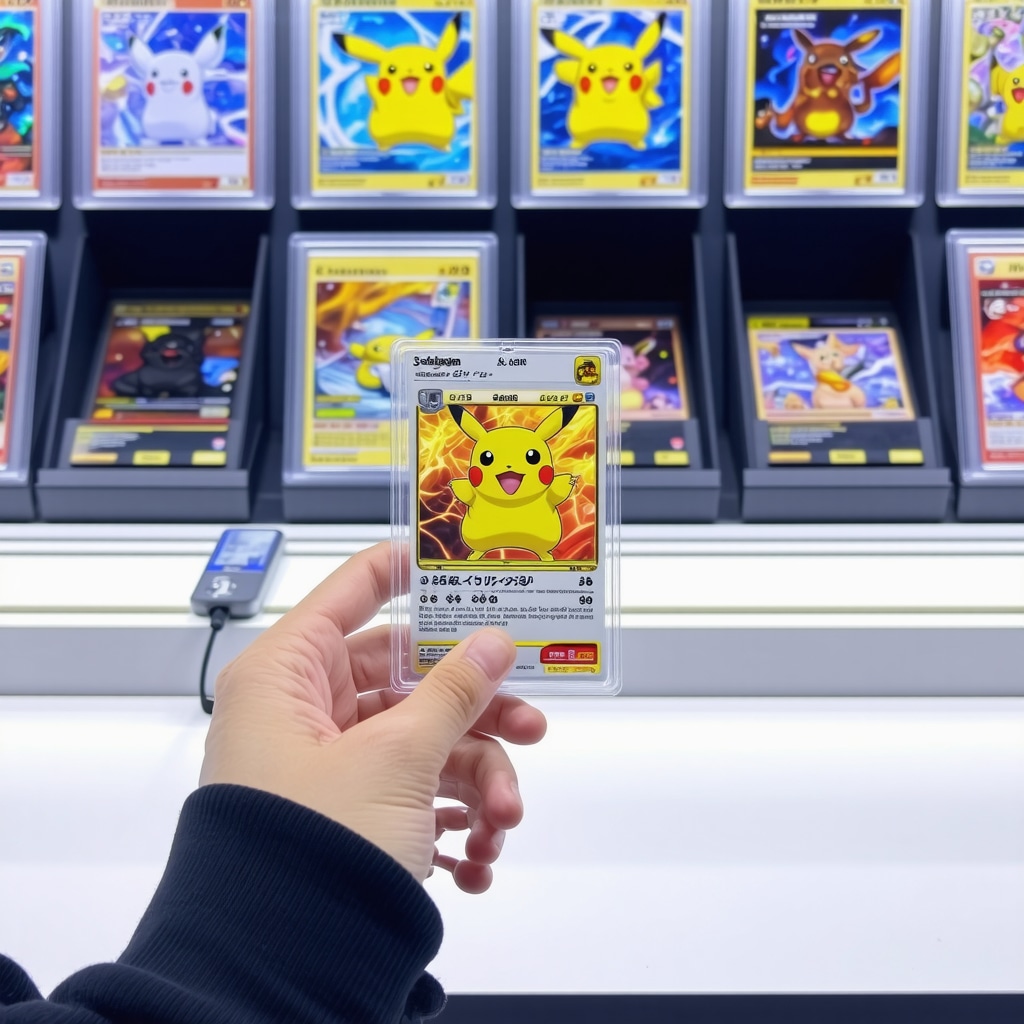 Collector holding a CGC graded Japanese Pokémon card with a modern display and digital market analytics in the background