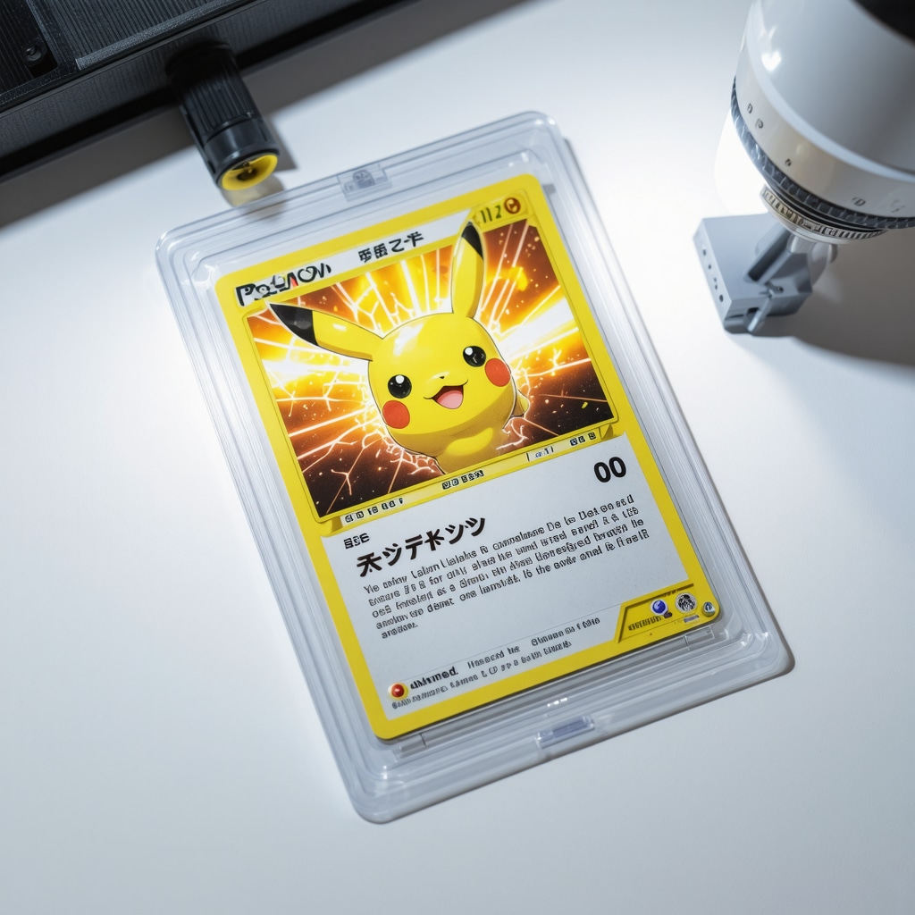 Close-up of CGC 10 slabbed Japanese Base Set Pokémon card with forensic authentication tools