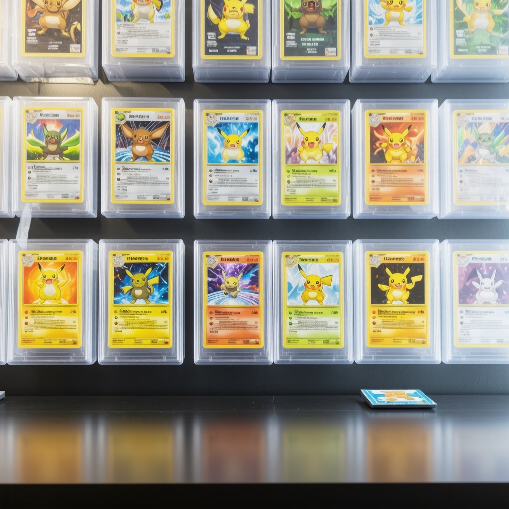 Archival room with CGC Gem Mint 10 Japanese Trainer SR cards displayed in climate-controlled cases alongside digital blockchain authentication graphics