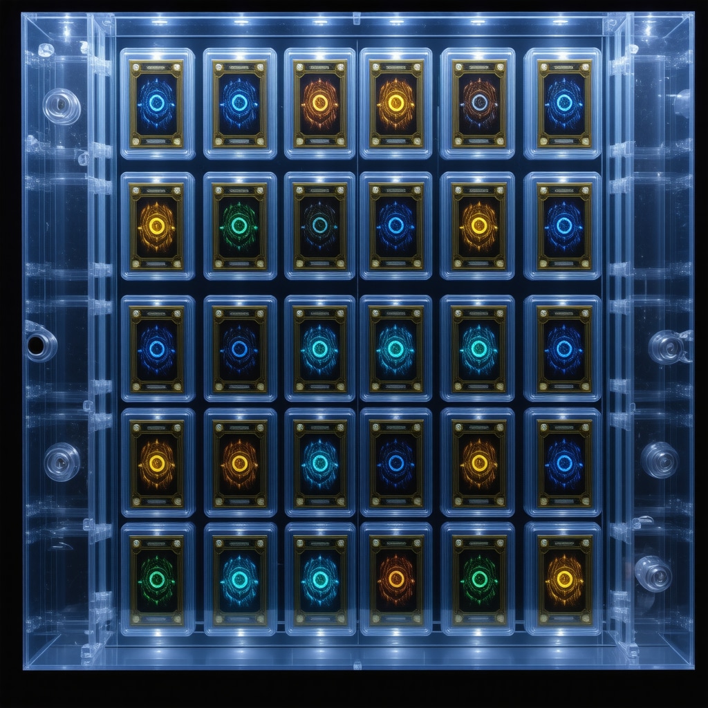 CGC graded Japanese rare cards displayed in a high-tech archival case with digital overlays indicating grading and blockchain provenance
