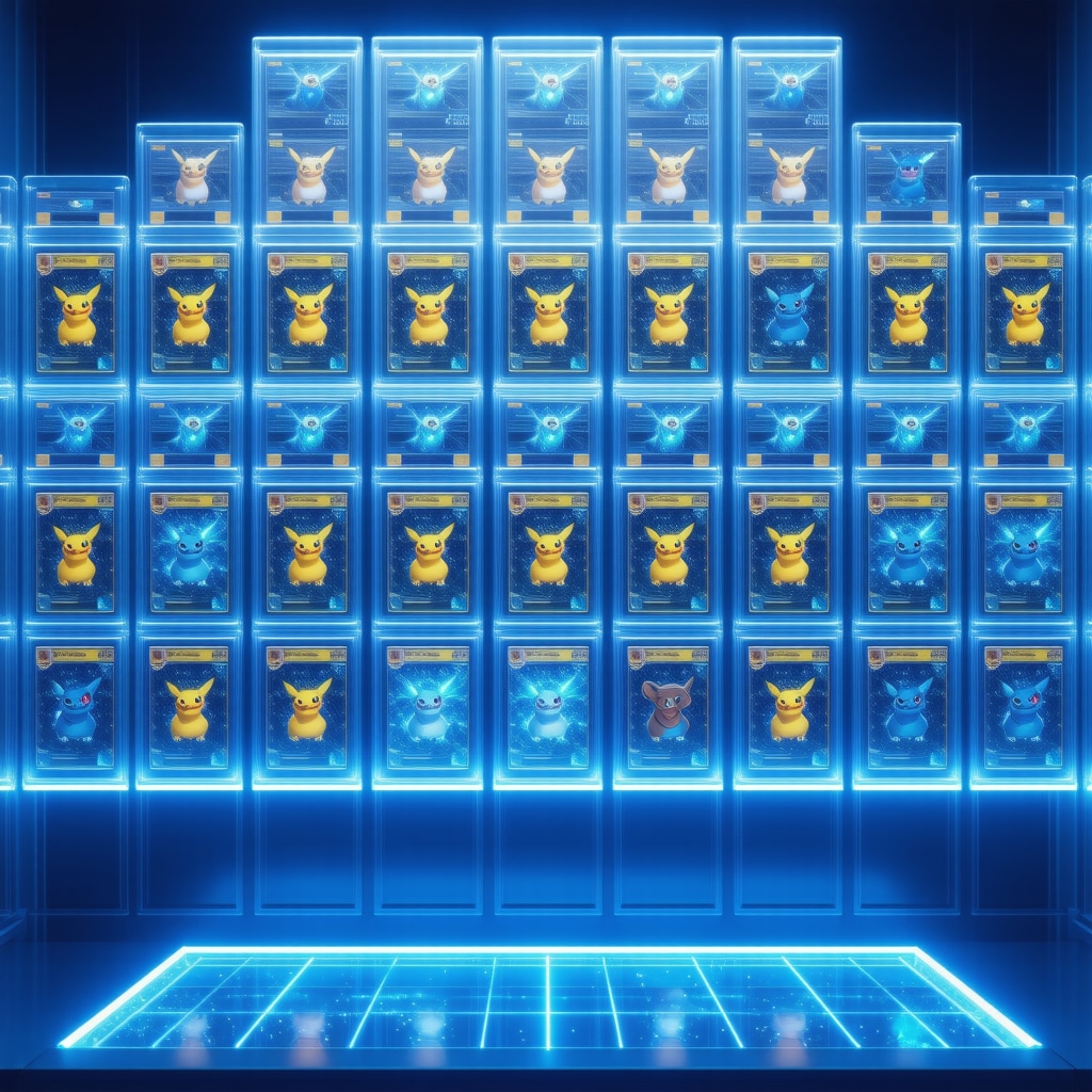 CGC Pristine 10 Japanese promo Pokémon cards displayed in climate-controlled UV-protected cases with digital blockchain and AI data overlays