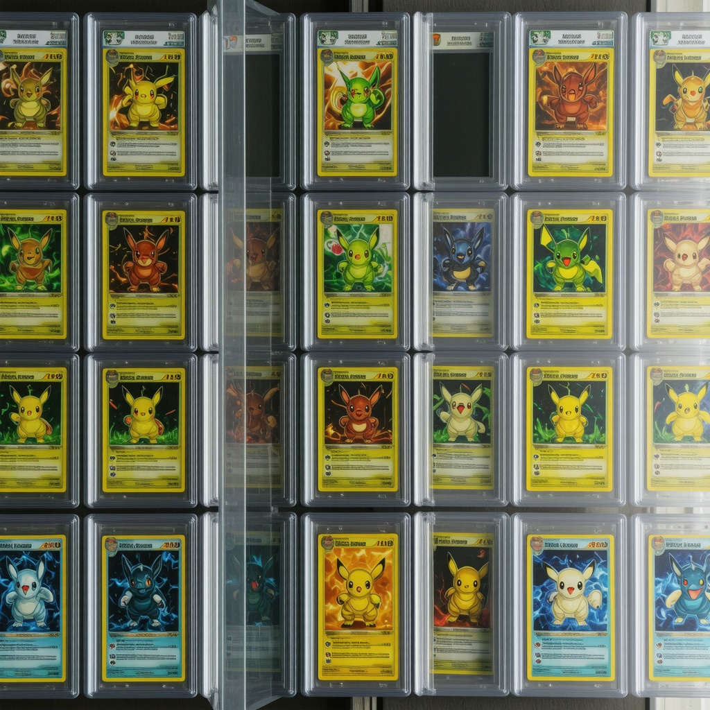 CGC Gem Mint 10 Japanese Trainer Support Pokémon cards in a climate-controlled display case with monitoring sensors