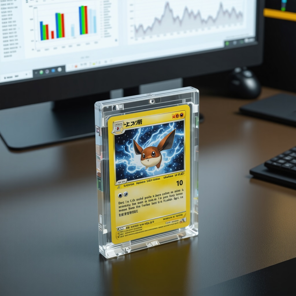 Collector examining CGC 10 Japanese holo rare card with AI analytics on screens