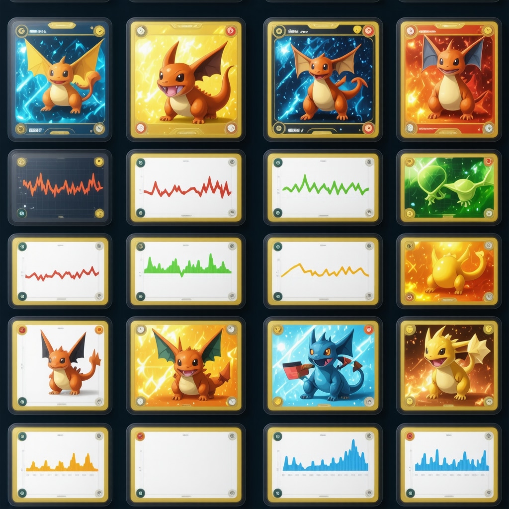 Digital interface with blockchain and AI analytics alongside CGC Pristine 10 Japanese Charizard cards in slabs