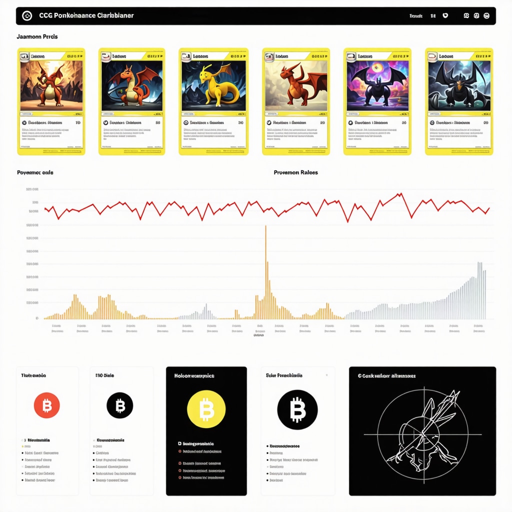Data analytics dashboard with CGC 10 Japanese Pokémon cards and blockchain symbols