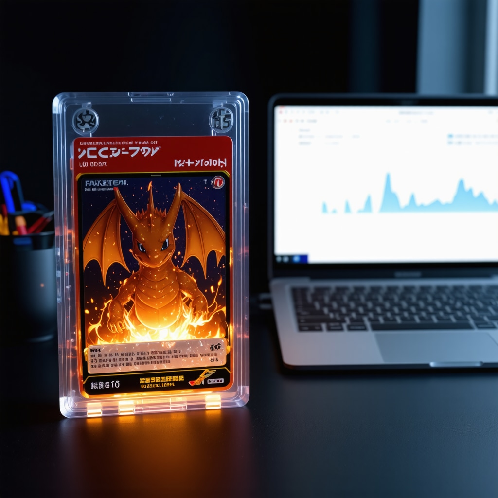 CGC Gem Mint 10 Japanese Charizard card being inspected with UV light alongside a laptop showing blockchain provenance and AI grading analytics