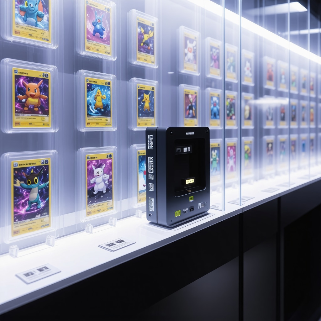 Climate-controlled display cases with CGC Gem Mint 10 Japanese Trainer Support cards and high-tech authentication equipment