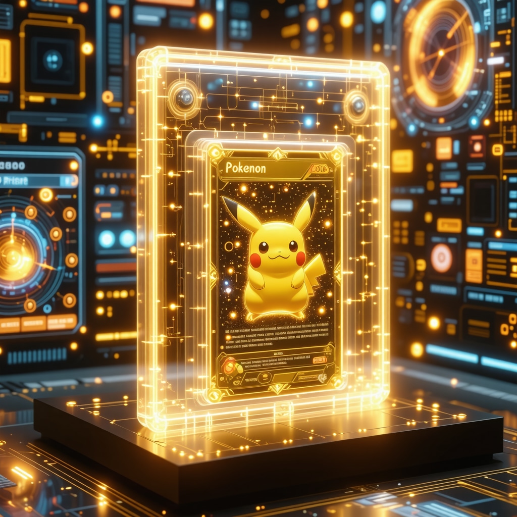 CGC Pristine 10 Japanese Gold Pokémon card in inert gas display case with AI and blockchain digital overlays