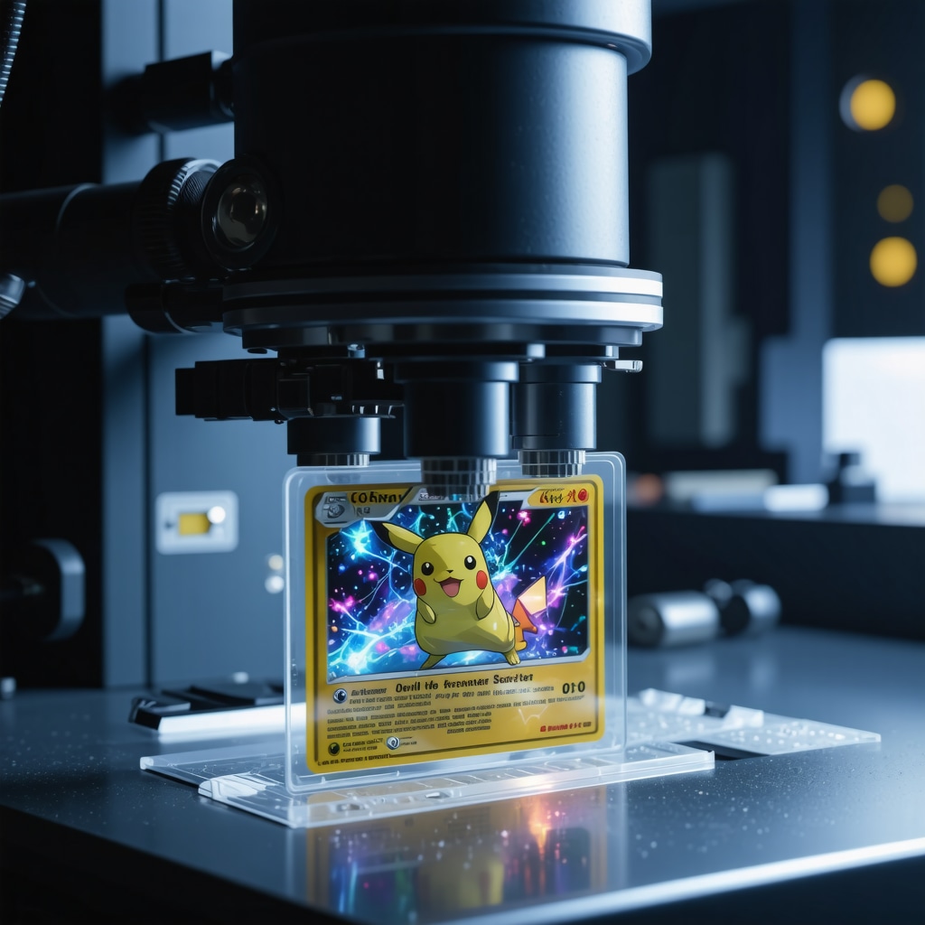 Spectral imaging and AI technology inspecting a CGC Gem Mint 10 Japanese Trainer Secret Rare card in a high-tech lab