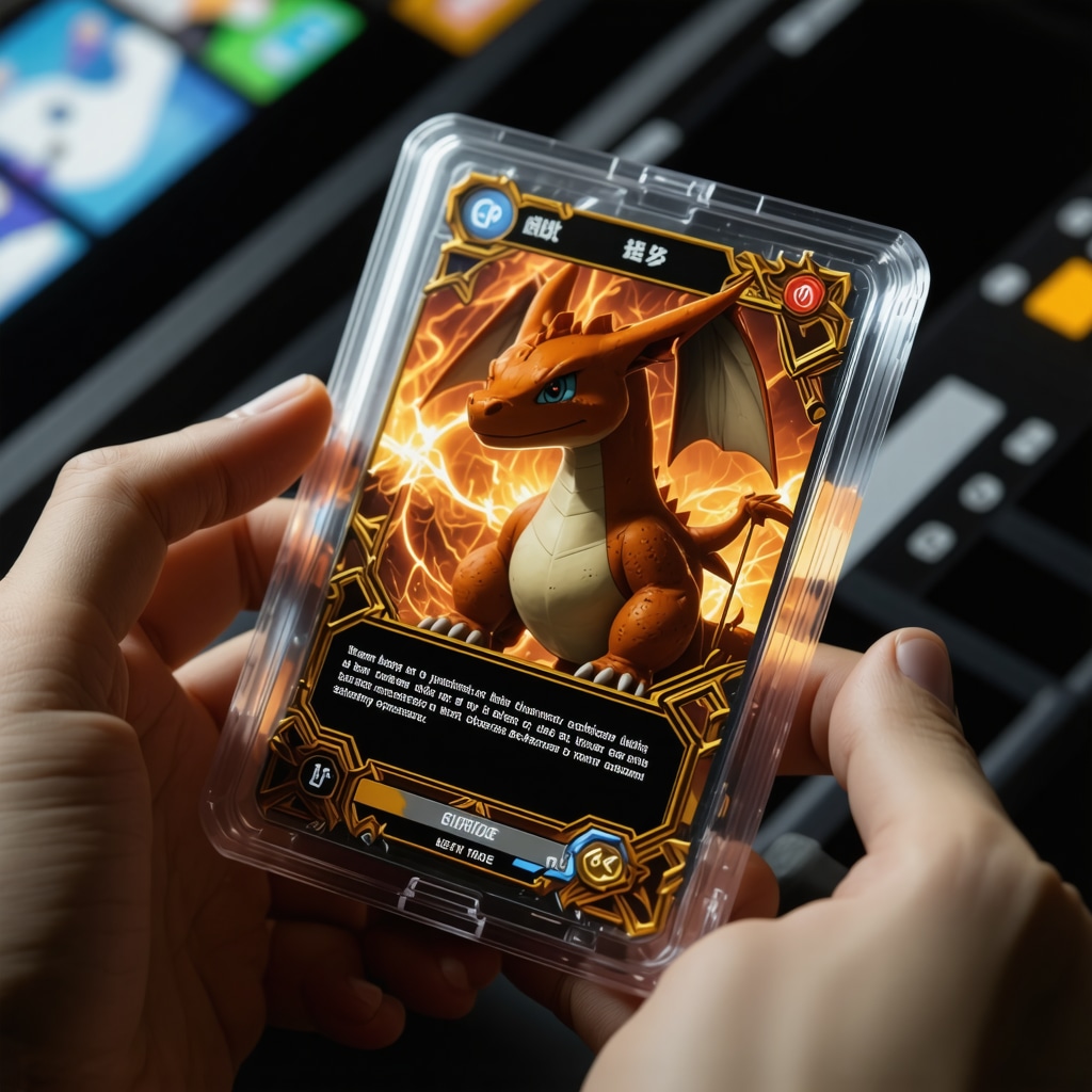 Futuristic AR interface showing a CGC Gem Mint 10 Japanese Charizard card with blockchain verification