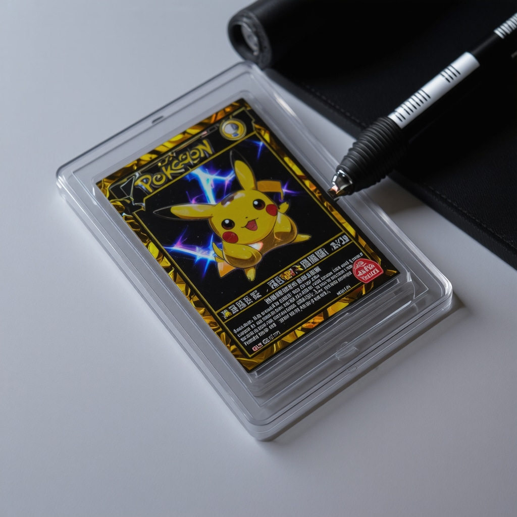 Close-up of CGC 10 Japanese Pokémon promo card under UV light with authentication tools visible.