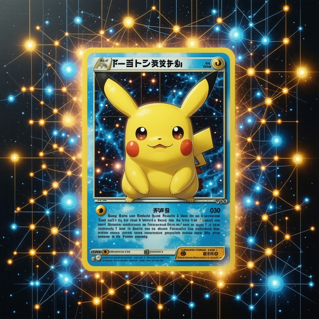 Japanese vintage holo rare Pokémon card with blockchain and AI neural network overlay