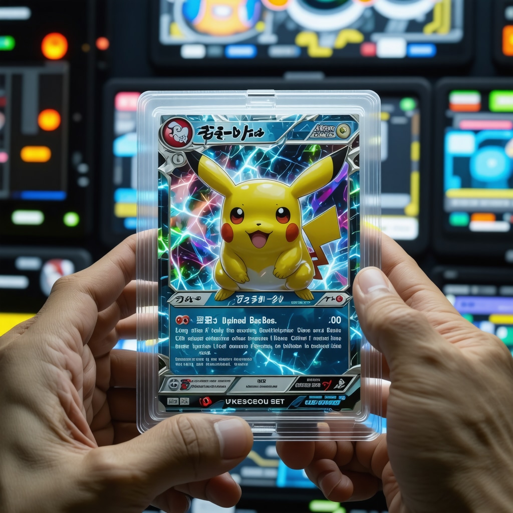 Digital interface displaying blockchain and AI analysis of CGC 10 Japanese Base Set Pokemon card with holographic details