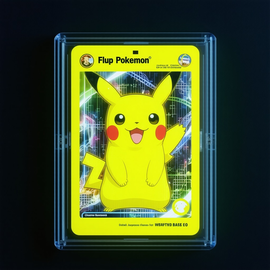 Close-up of CGC 10 Japanese Base Set Pokémon card under UV light showing surface details with blockchain digital icons overlay
