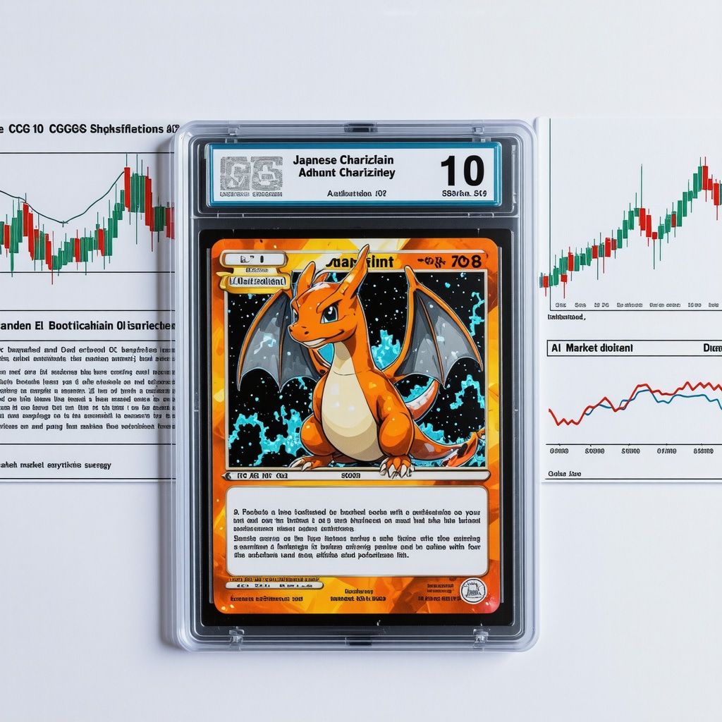 Close-up of a CGC 10 Japanese Charizard card with a digital blockchain certificate overlay and AI market analytics charts