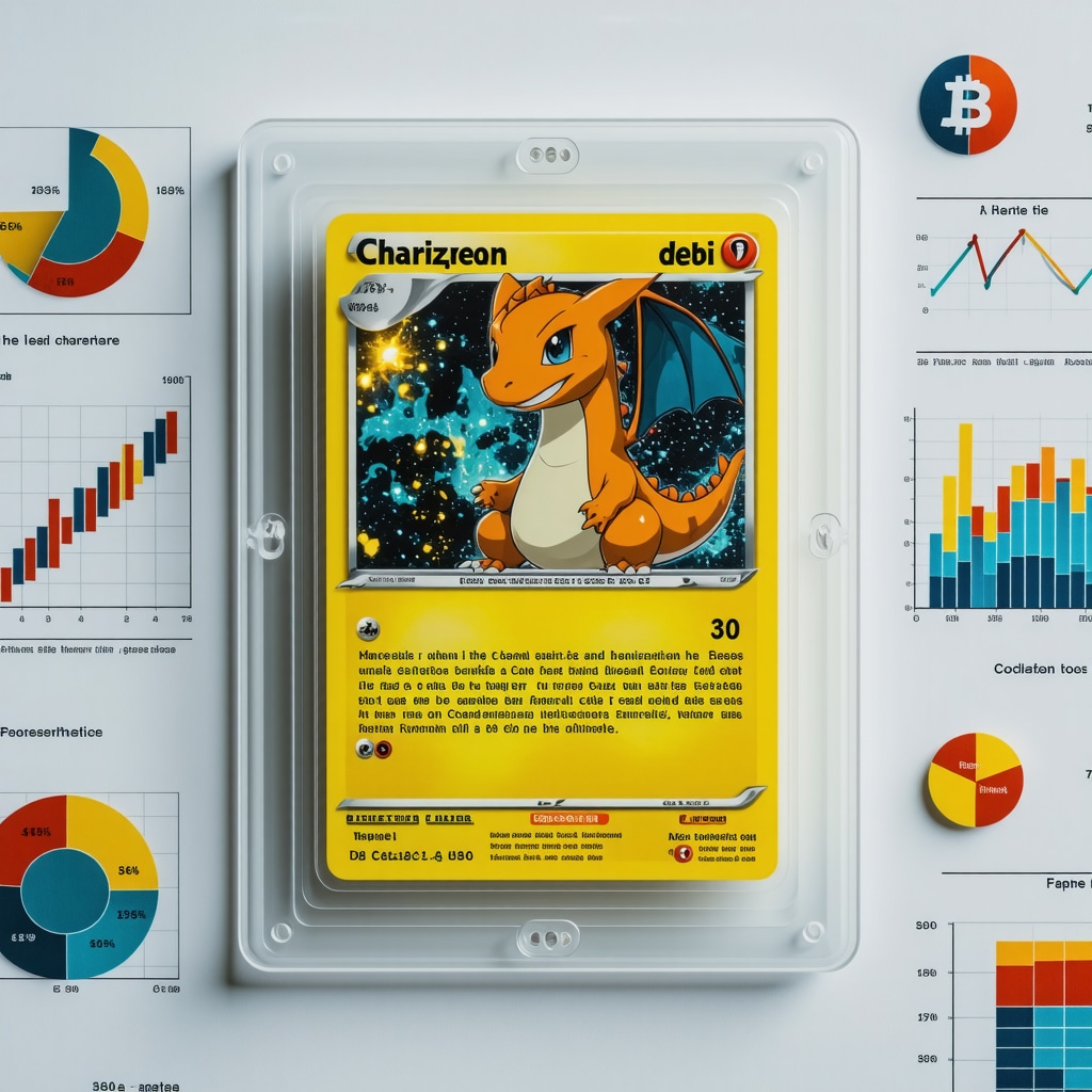 Pristine CGC 10 Japanese Charizard Pokémon card with overlay of data charts and blockchain symbols