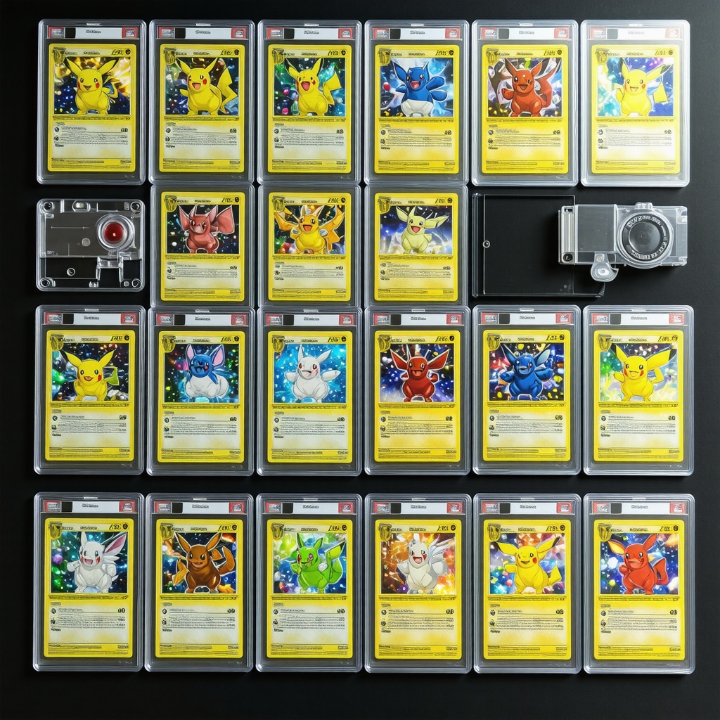 CGC 10 Japanese full art Trainer Pokémon cards being inspected with magnification and UV light tools on a collector's desk