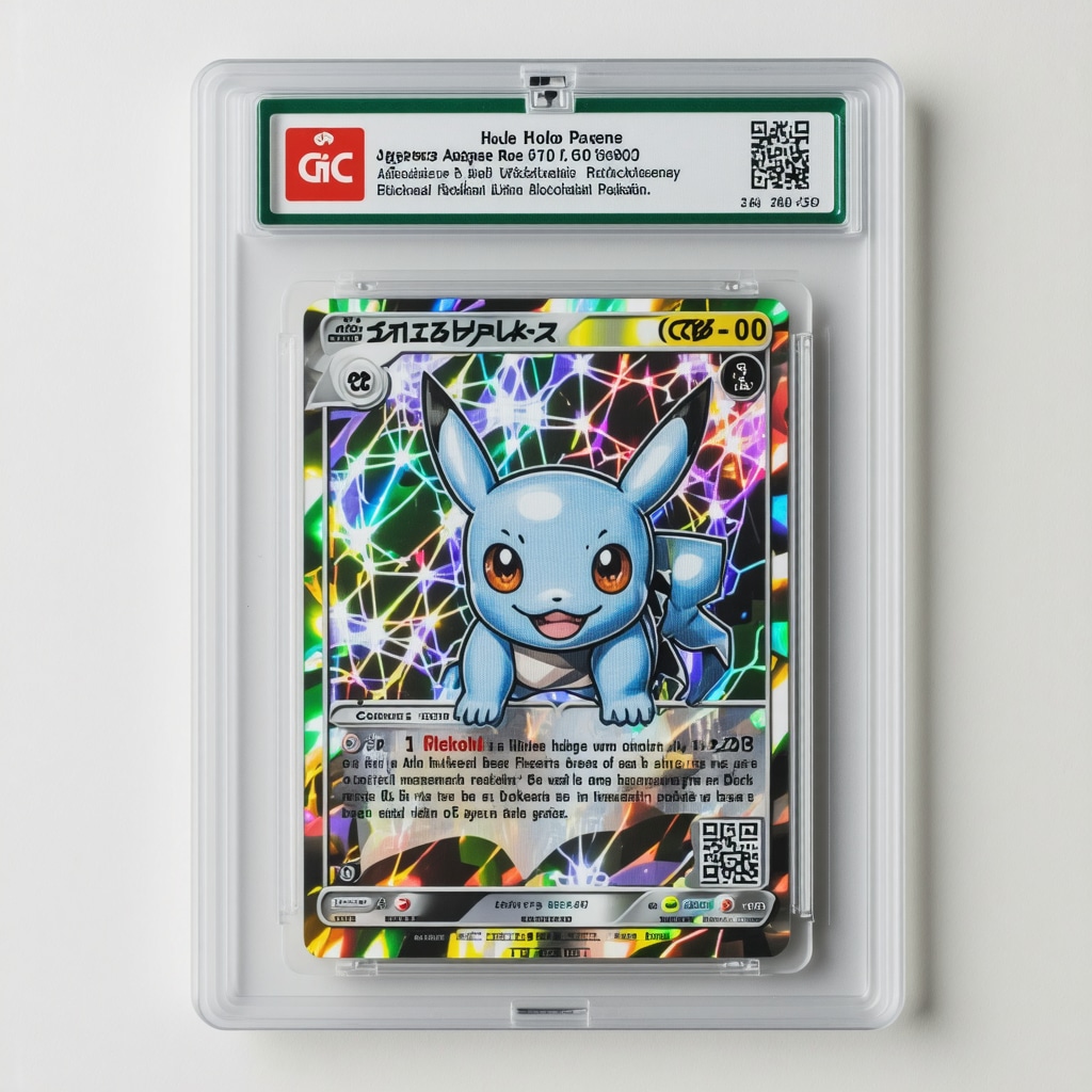 Close-up of CGC 10 Japanese holo rare Pokémon card slab highlighting QR code and holographic label under bright light, symbolizing advanced AI and blockchain authentication