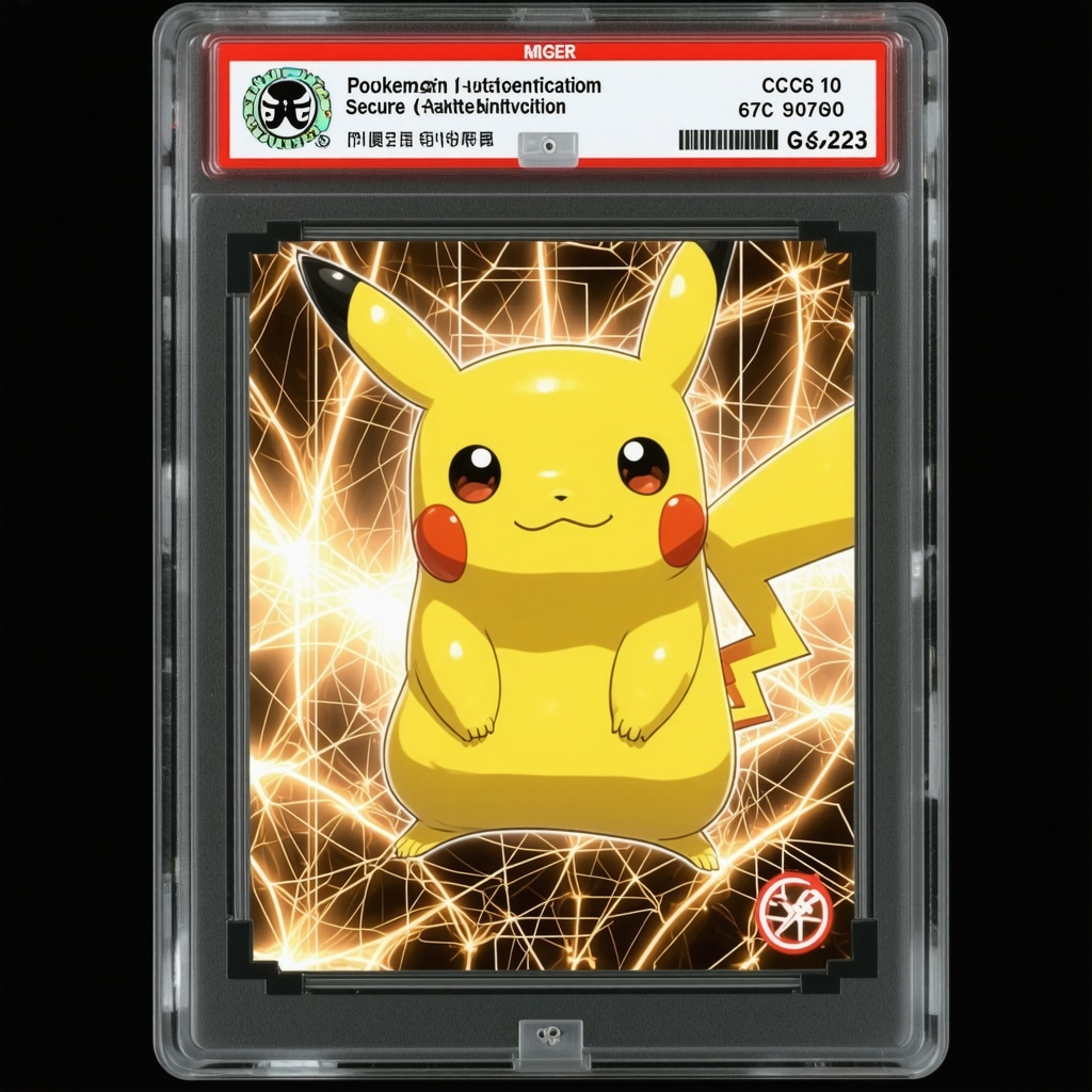 CGC 10 Japanese Pokémon card with digital blockchain ledger overlay representing secure authentication