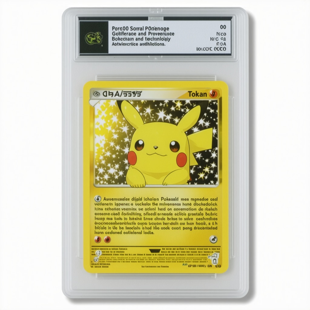 CGC 10 graded Japanese Pokémon card displayed alongside a digital blockchain certificate symbolizing authenticity and provenance