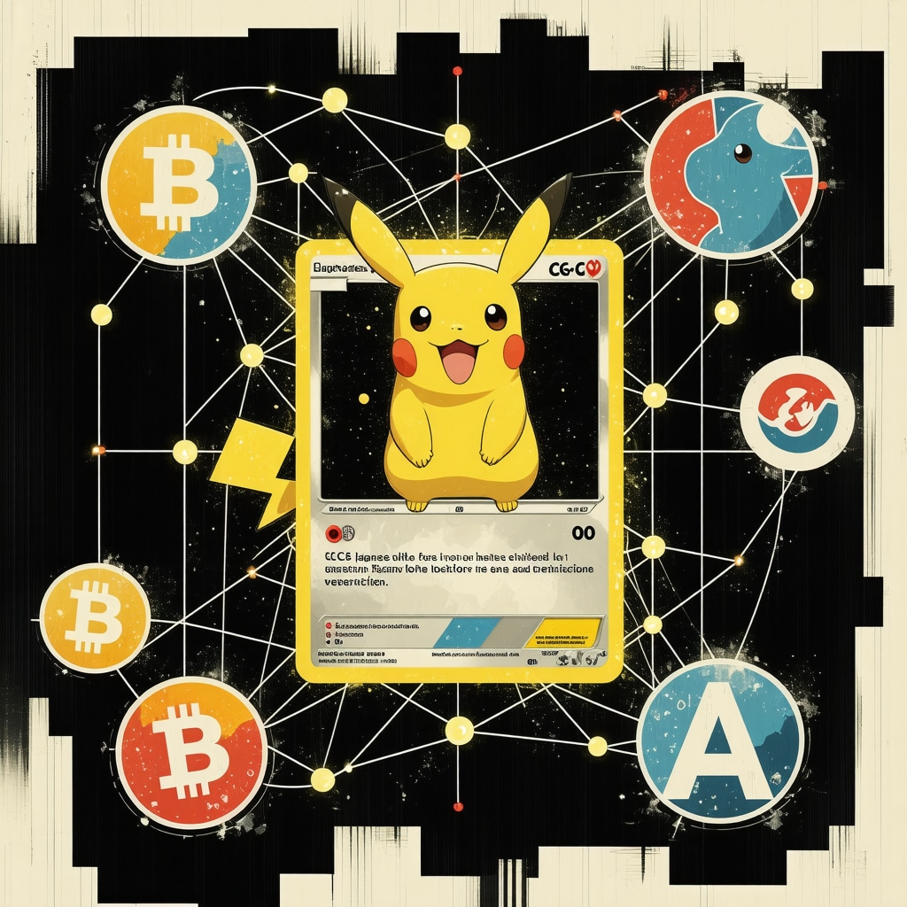 CGC 10 Japanese Pokémon card with graphical blockchain and AI icons representing advanced authentication technology