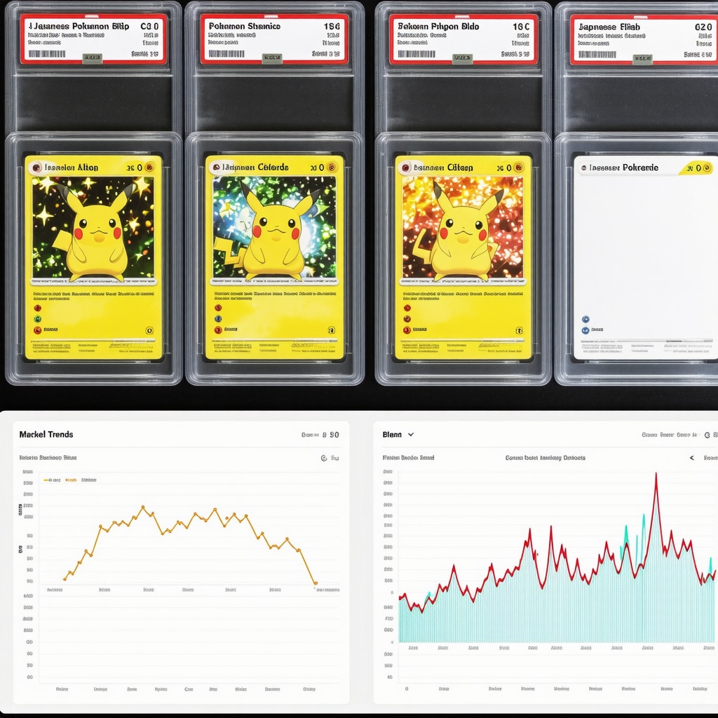 CGC 10 Japanese Pokémon card displayed with digital graphs indicating market trends and pricing analytics