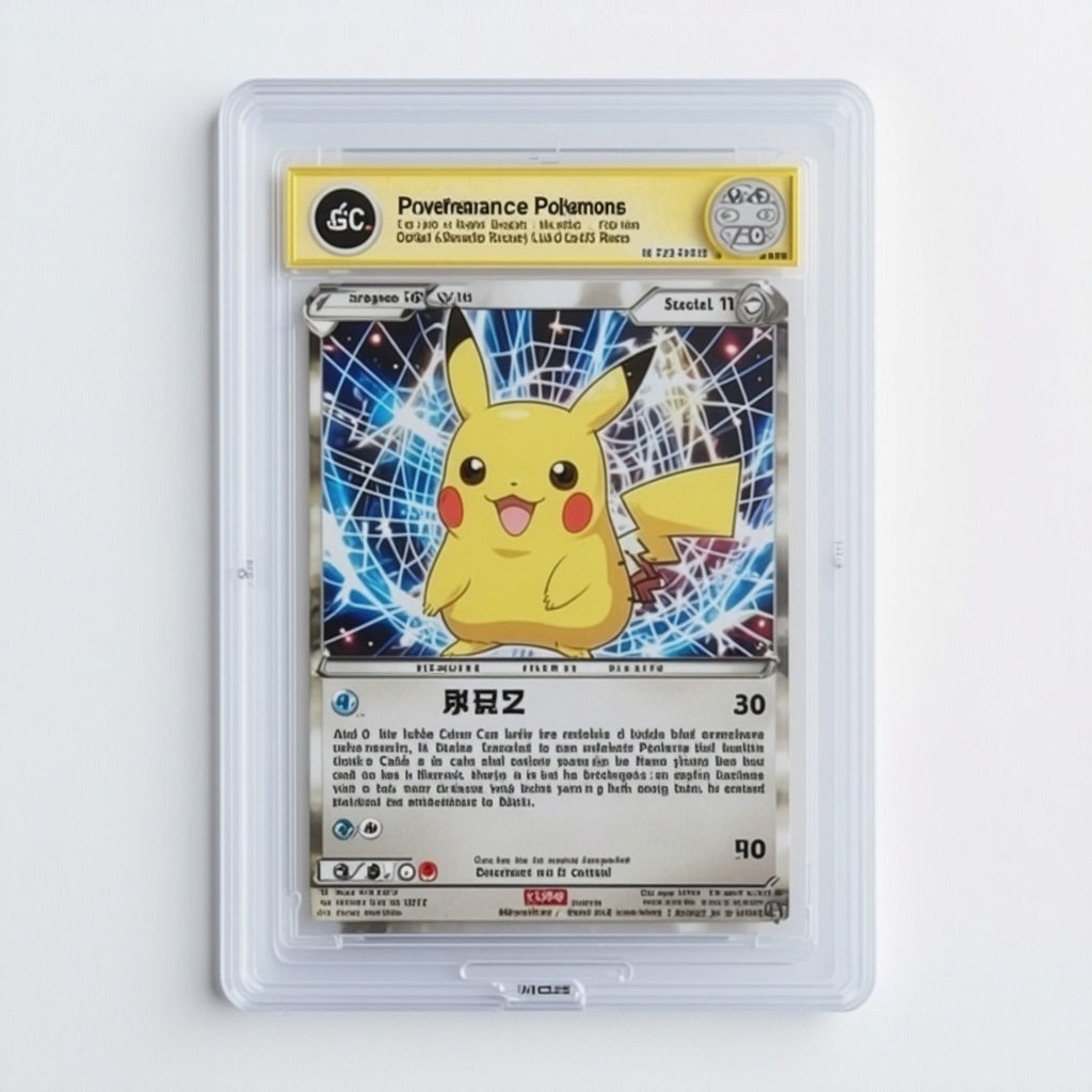 CGC 10 Japanese Pokémon card slab highlighting subgrade scores alongside blockchain digital icons representing authentication and provenance