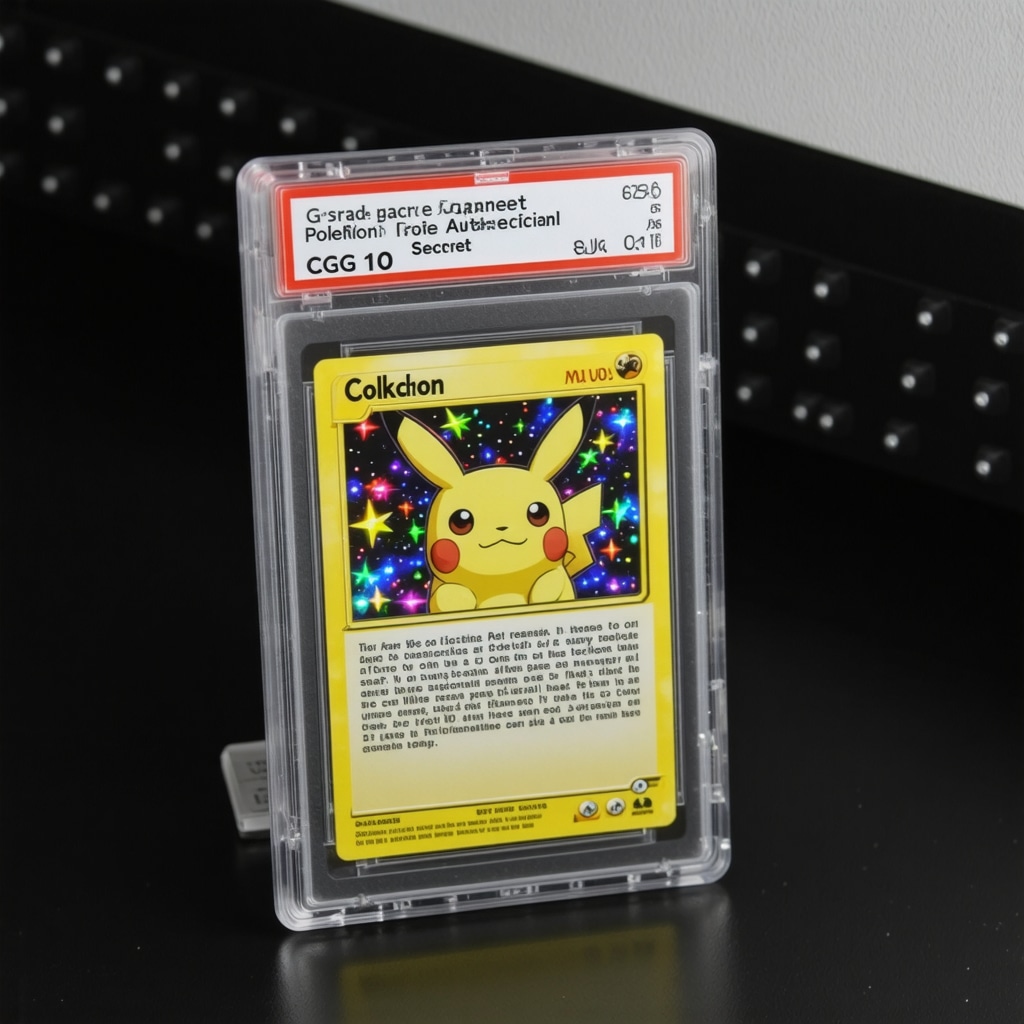 CGC 10 Japanese Promo Secret Rare Pokémon card beside a digital blockchain certificate on a futuristic interface