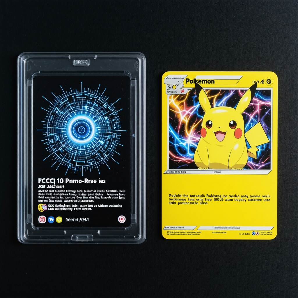CGC 10 graded Japanese Promo Secret Rare Pokémon card alongside a digital blockchain ledger interface representing provenance and authentication