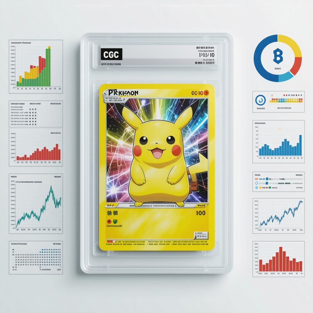 Pristine CGC 10 Japanese vintage holo rare Pokémon card in protective case with digital analytics and blockchain symbols in background